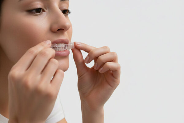 Woman putting in Invisalign clear aligners for teeth straightening treatment