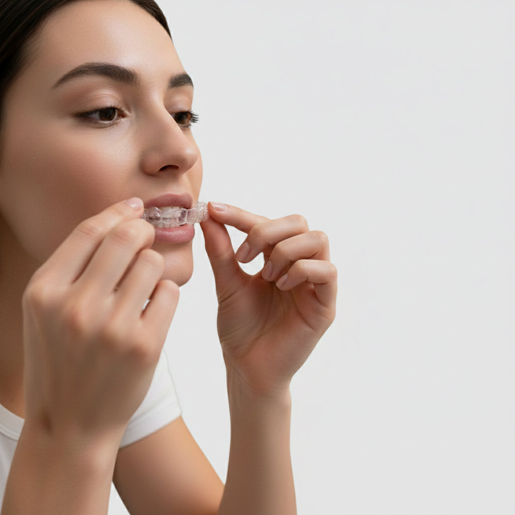Woman putting in Invisalign clear aligners for teeth straightening treatment