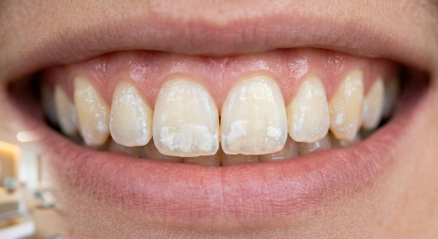 Close-up of a patient smiling, showing visible chalky white spots and mild demineralization on the front upper teeth in a dental clinic setting.