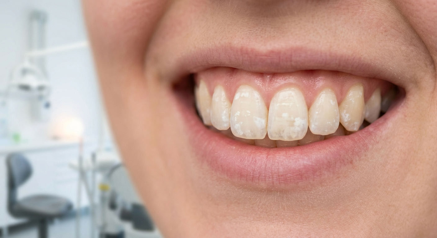Slightly angled close-up of a person smiling, showcasing noticeable white spots and enamel demineralization on their upper front teeth inside a brightly lit dental office.